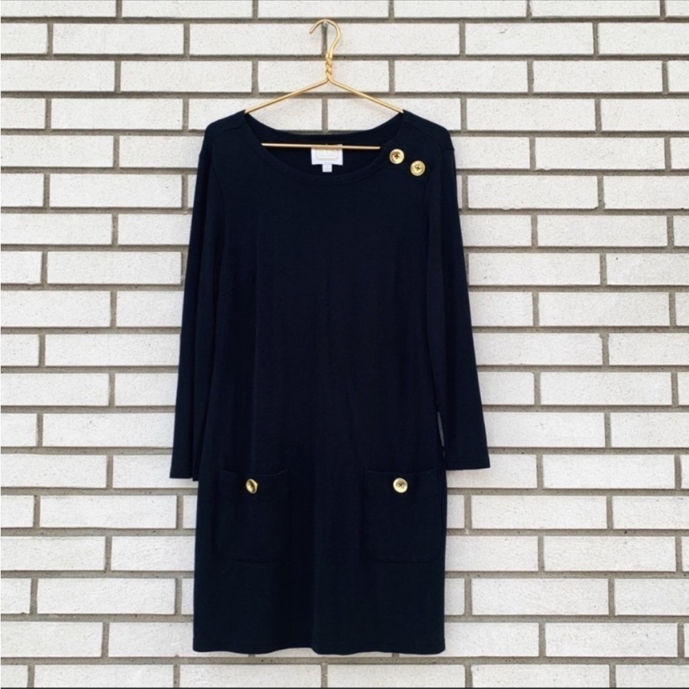 Sail to Sable Black Gold Button Shoulder Shift Dress Preppy Nautical Pockets Mโ